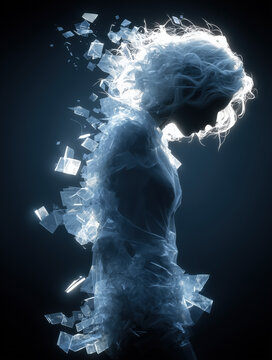 Glowing Fragmented Woman Silhouette Breaking Into Shattered Glass &mdash; Ethereal Digital Abstract Portrait