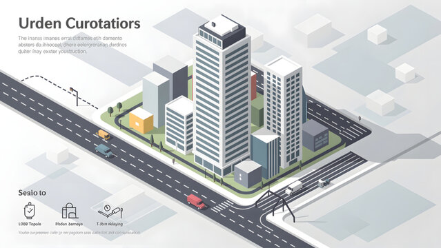 isometric cityscape with white and gray tall buildings intersecting roads and vehicles urban infrastructure
