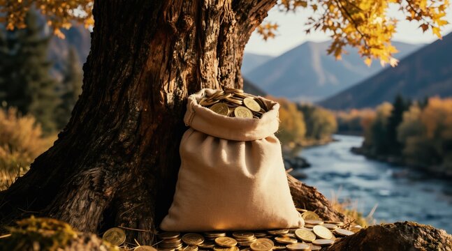 Bag of gold coins rests by tree trunk near flowing river. Autumn landscape with mountains and trees filled with golden leaves. Represents wealth treasure and financial gain.