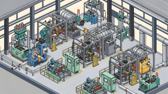industrial factory floor with complex machinery blue green and yellow metal equipment layout