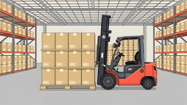 orange forklift carrying cardboard boxes inside organized warehouse with metal shelving