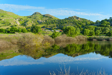 Obraz premium Serene Lake Reflection in Skala Eresou Landscape, Lesbos Island Greece
