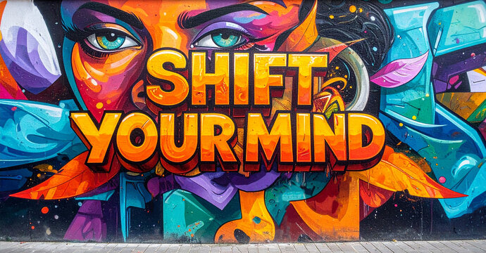 shift your mind - Ein farbenfrohes Graffiti-Kunstwerk auf einer urbanen Wand mit leuchtenden Farben und abstrakten Muster.