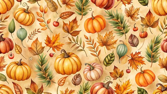 Colorful autumn pumpkins leaves and vegetables decorative pattern design
