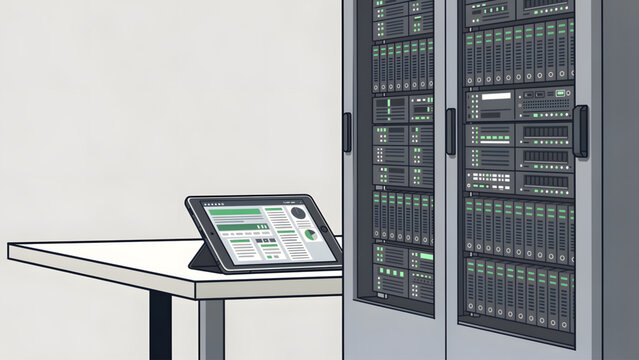 modern server rack with digital tablet on white table for network monitoring