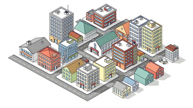 colorful isometric cityscape with various buildings shops and homes on streets