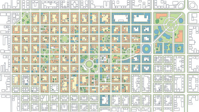 detailed city map with residential blocks green parks blue water features and road layout