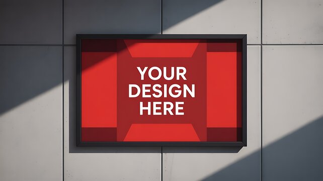 Red sign with white text saying your design here on a white tiled wall, branding