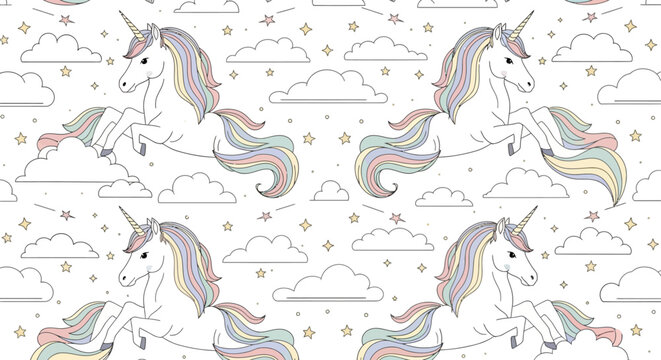 seamless unicorn pattern with rainbow manes prancing on clouds and stars ideal for childrens fantasy designs.