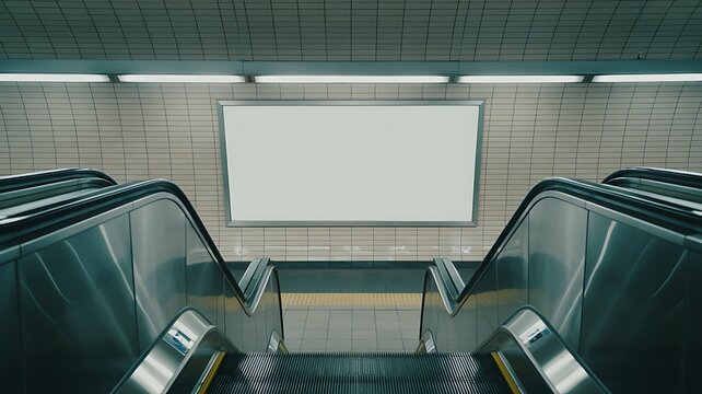 Modern escalators in a spacious underground shopping mall with a large blank