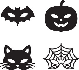 Fototapeta premium A cute cartoon vector illustration of a happy Halloween pumpkin set featuring funny black cats, kittens, and spooky silhouettes for festive pet design art