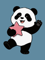 Obraz premium Cute Cartoon Panda Holding Pink Star And Waving