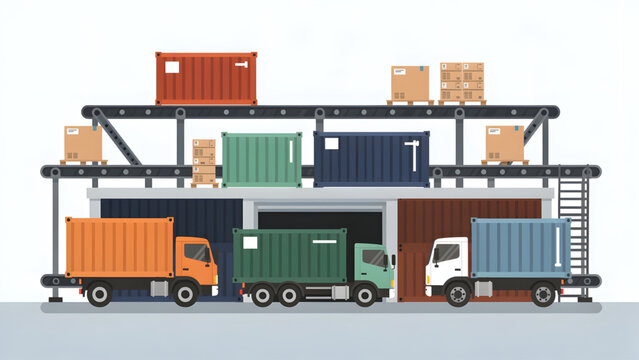 colorful cargo trucks and stacked shipping containers at industrial warehouse loading zone