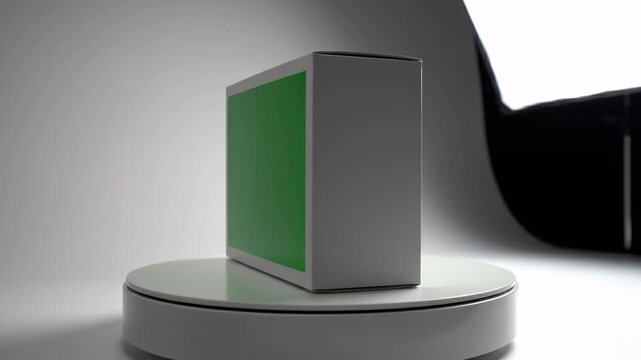 A plain green rectangular box rotating on a round pedestal with a soft neutral background, showcasing dynamic visual movement and brand placement