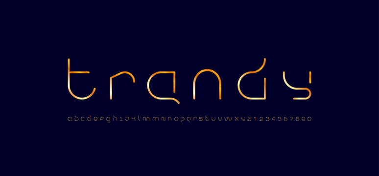 Technology font, digital cyber alphabet, thin golden letters A, B, C, D, E, F, G, H, I, J, K, L, M, N, O, P, Q, R, S, T, U, V, W, X, Y, Z and numerals 0, 1, 2, 3, 4, 5, 6, 7, 8, 9 space style