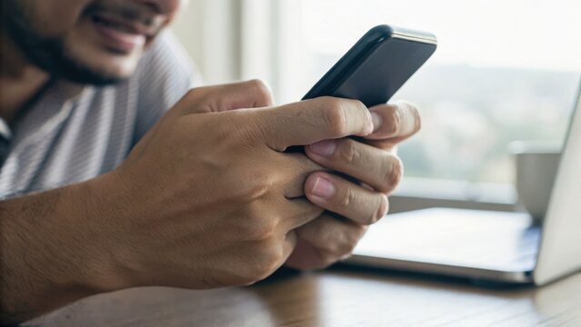 Man using smartphone while sitting at desk with laptop and coffee mug in blurred background, focused on device in casual indoor setting.