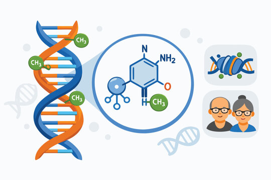 Detailed scientific vector illustration of DNA methylation with methyl groups and methylated cytosine, explaining epigenetic alterations and molecular hallmarks of aging in human genetics research.