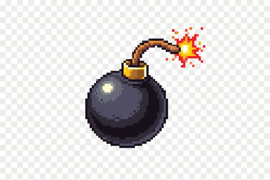 Retro 8-bit pixel art bombs and explosive weapon icons for classic RPG video games. Detailed vector illustration of dangerous items with lit fuses, ideal for arcade game UI and adventure inventories.