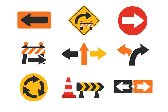 Essential road sign icons featuring detour and diversion symbols for traffic redirection. Simple flat vector illustrations perfect for navigation apps, urban infrastructure planning, and driver