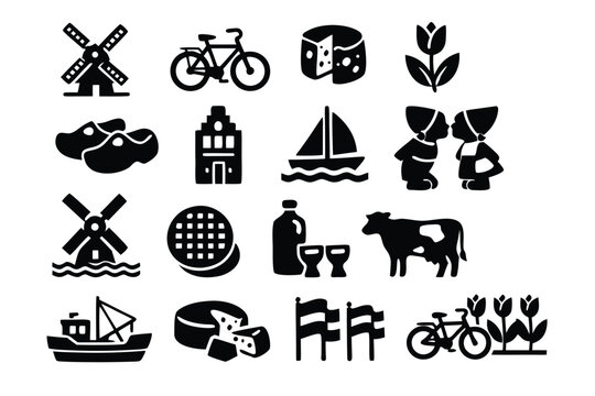 Minimalist Dutch cultural icons and lifestyle symbols set in black filled glyph style featuring windmills clogs tulips bicycles and cheese vector illustration for Netherlands travel tourism.