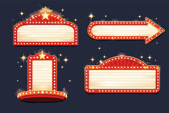 Retro theater marquee and cinema light box sign board set. Blank outdoor movie signage with glowing bulbs. Vintage illuminated billboard templates for entertainment promotions and classic event