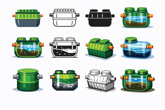 Septic Tank Icons Set in Multiple Graphic Styles Simple Flat Vector Illustration, Underground Sewage Treatment System Symbols, Waste Water Management and Drainage Concept Elements for Web