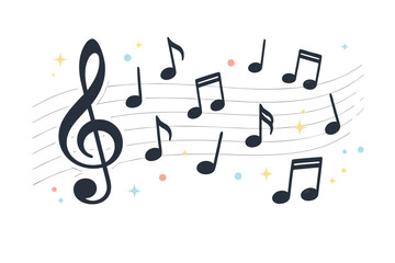 Fototapeta premium A comprehensive and vibrant collection of musical note icons featuring a classic treble clef set against stylized sheet music lines, perfect for flat vector illustrations in audio design projects.
