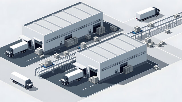 industrial warehouse buildings with loading docks white trucks and conveyor belts logistic center