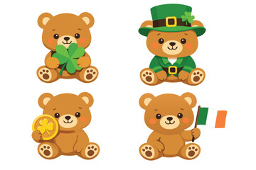 Obraz premium Cute and charming teddy bear celebrating St Patrick's Day with a festive collection including a shamrock leprechaun hat gold coins and an Irish flag mounted on a holiday themed car vector artwork.