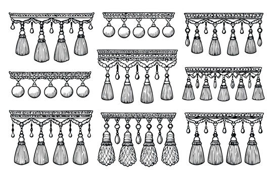 Line art close up tassel and fringe collection with pompom comb and decorative hanging trims in vector format, minimalist black and white interior decor elements for curtains and upholstery designs.