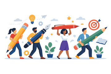 Naklejka premium Flat vector illustration of a diverse team working together holding giant pens and pencils representing creativity, education, and collaborative effort in a modern office or school setting.