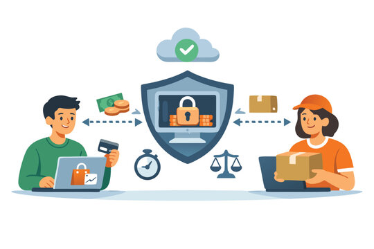 Secure Online Transaction Process Featuring Buyer Seller and Digital Escrow System for Safe E-commerce Exchanges in a Simple Flat Vector Illustration Style with Blue and Grey Color Tones Layout