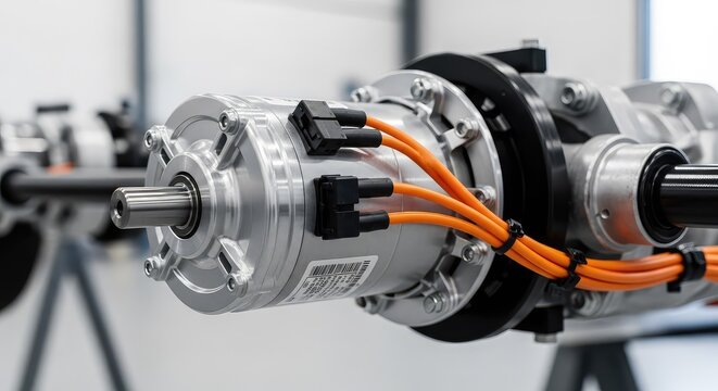 Close up of a brushless electric motor and high voltage orange cables integrated into a modern vehicle drivetrain within a clean workshop, technology, transport, development