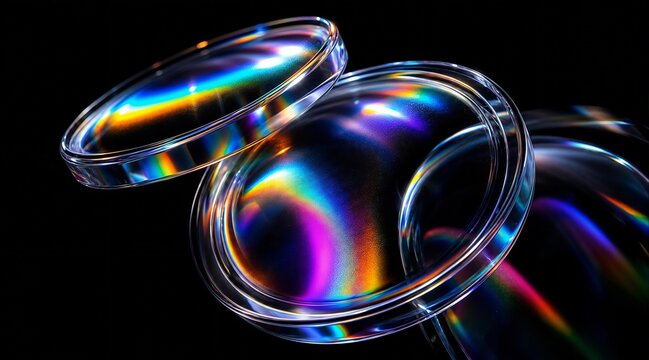 A hyper-detailed macro close-up of smooth, transparent glass lens discs floating in a pitch-black void.