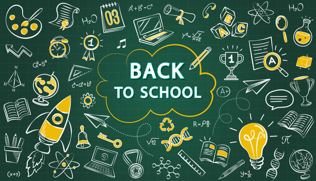 Colorful yellow rocket and lightbulb doodle elements on green chalkboard for back to school background with student education icons for academic learning webinar backdrop and classroom poster