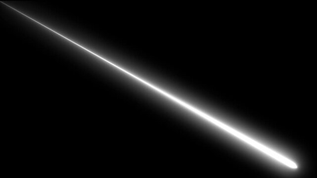 Animated White Diagonal Light Streak | Glowing Laser Beam or Saber Slash Wipe Transition | Abstract VFX Overlay Element on Black Background.