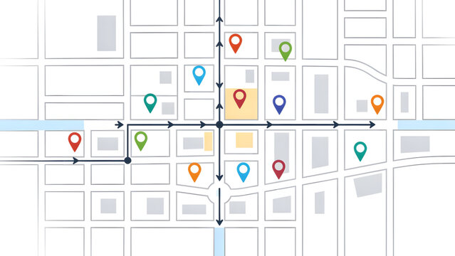 flat colorful city map with location pins arrows and street grid navigation elements