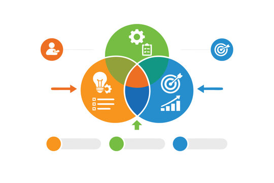 Professional business infographic Venn diagram template with three overlapping circles for options and steps. Clean circle chart design for corporate presentations and data visualization layout.