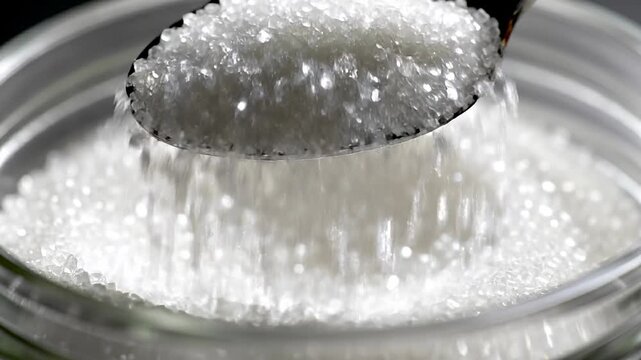 Close-up of a metal spoon scooping granulated sugar from a glass jar with sparkling details and soft lighting