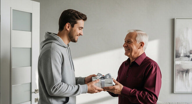 A young man gives a gift to an older man, symbolizing generational connection, appreciation, and thoughtful gesture.