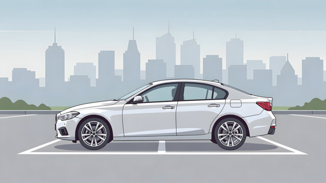 white sedan car parked in empty lot with urban skyline and clear sky background