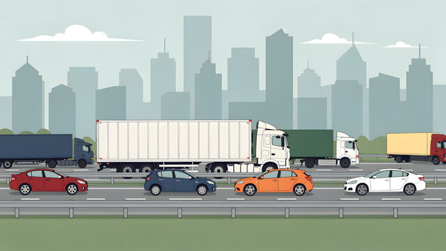 multicolored cars and trucks driving on highway with city skyline background