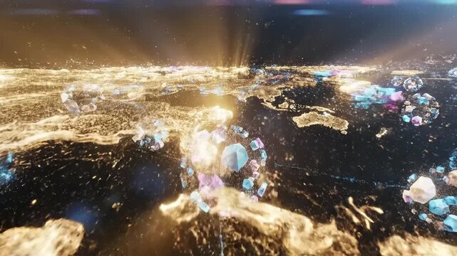 An abstract digital landscape with glowing landforms and crystalline structures is shown.