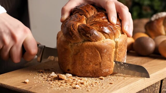 Hands cut loaf of bread on wooden board with crumbs falling. Kitchen setting emphasizes artisan baking and homely atmosphere. Concept of bakery, cooking, food service
