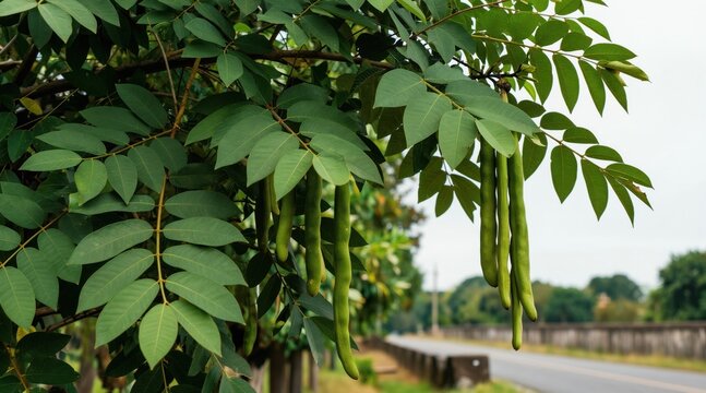 Leadrush tree branch with long green seed pods hanging down. Green compound leaves grow on the stem. Roadside view shows jungle foliage and sky.
