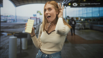 Fototapeta premium Woman holding a white chocolate bar in one hand, other hand to ear and mouth slightly open at airport terminal; playful delight.