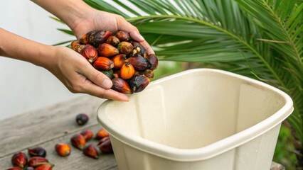 Naklejka premium A person holds a handful of fresh palm fruits above a beige container, with a palm leaf in the background and more fruits scattered on a wooden surface.