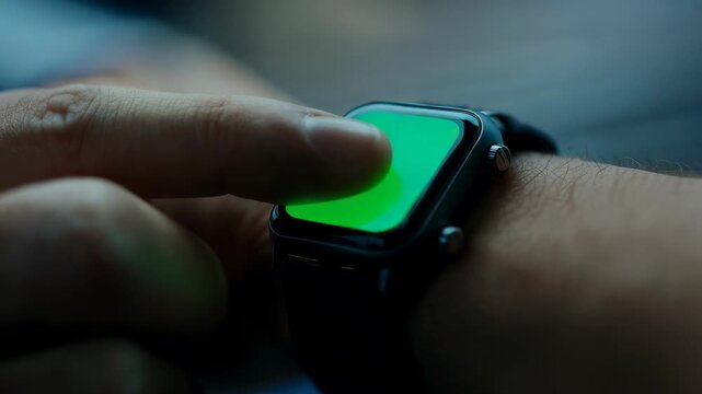 Finger touches green display on smart watch. Close view of wrist in casual setting. Concept of technology, communication, lifestyle