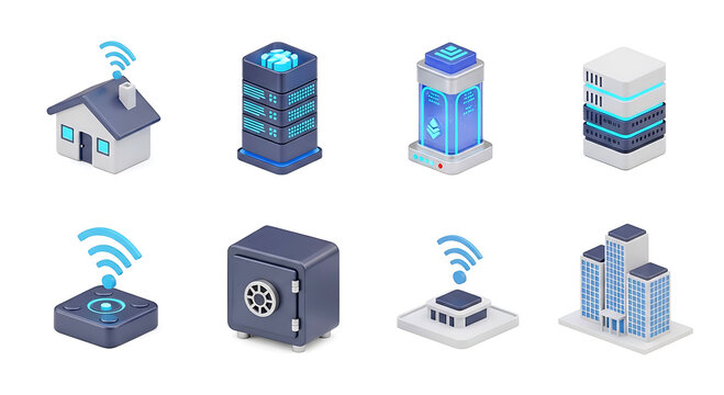 Set of isometric server and smart technology icons for network and data storage