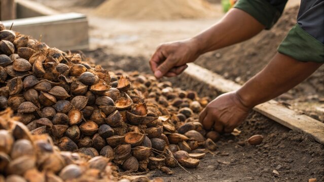 Hands sorting a large pile of dried nuts or seeds on a flat surface, likely during a harvesting or processing activity in an outdoor setting.